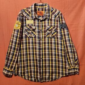 Rolling Paper NYC Men's 3XL Long Sleeve Shirt Brown Plaid Snap Pilot Patches